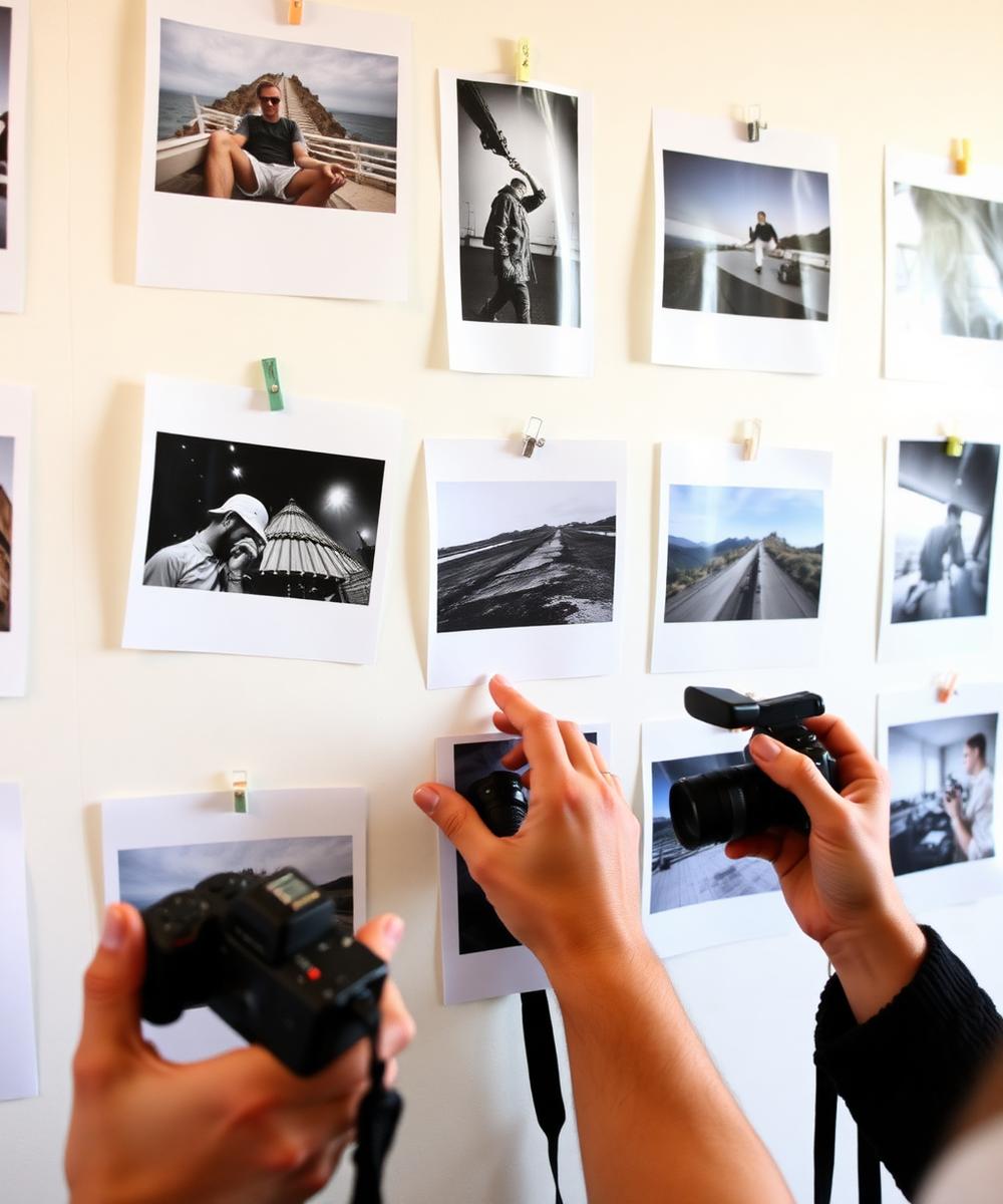 Fotografias impressas em uma parede sendo analisadas por fotógrafos durante um desafio criativo