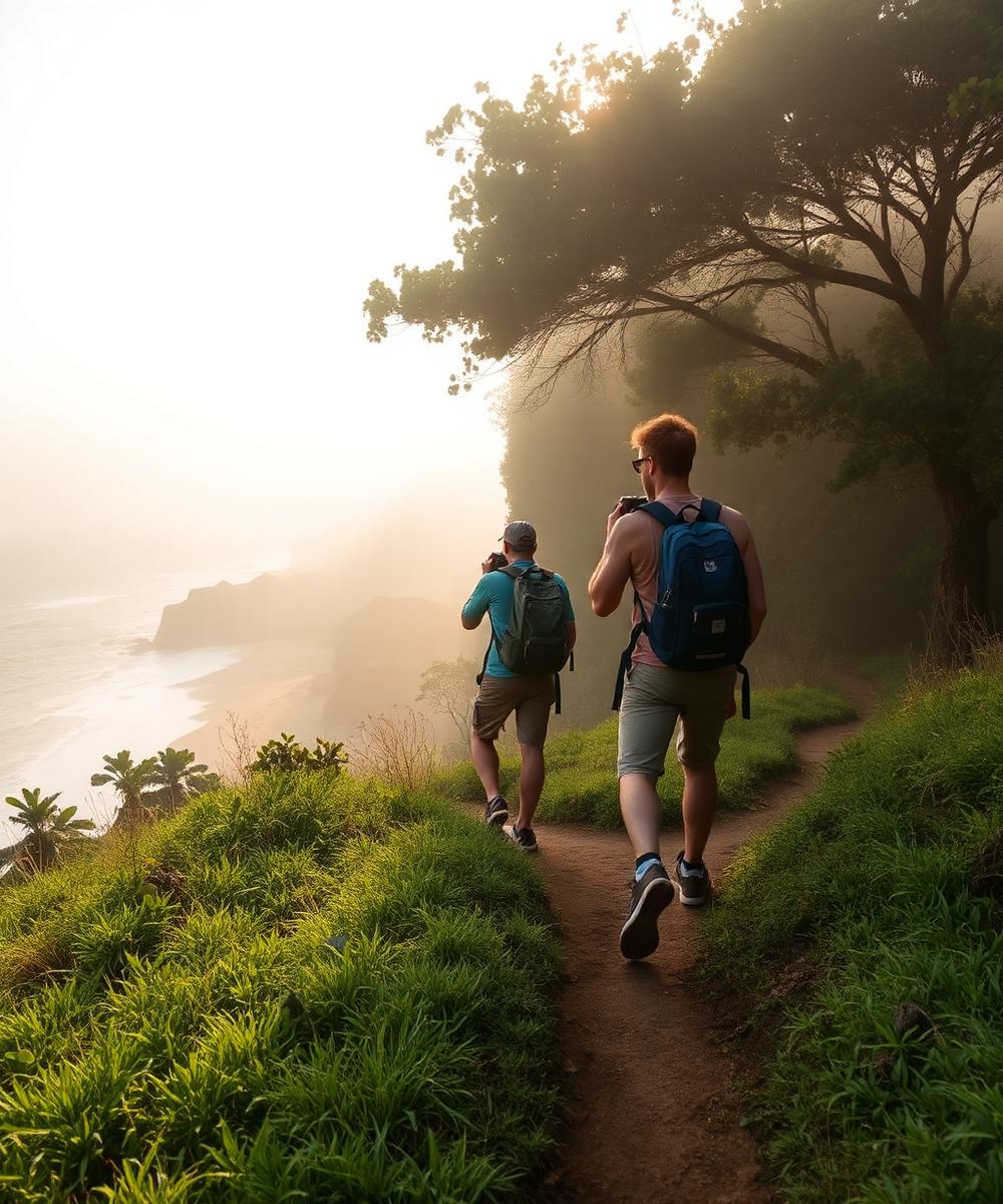 Fotógrafos caminhando por uma trilha no litoral de Santa Catarina em uma expedição fotográfica