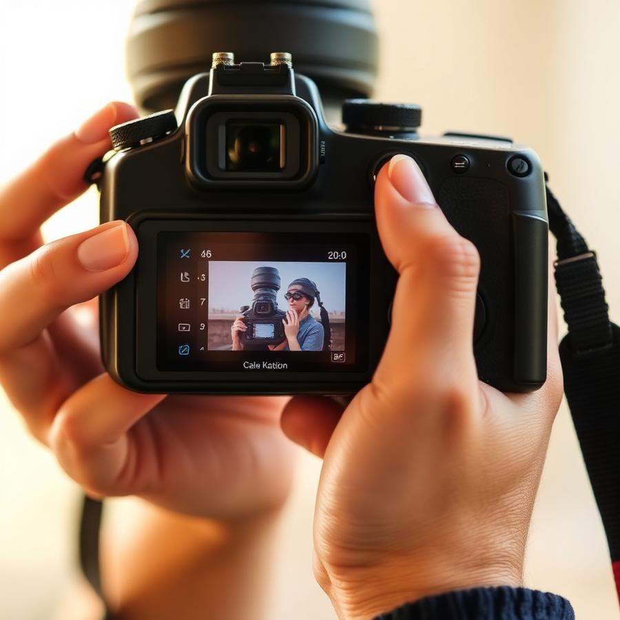 Mãos de um fotógrafo revisando imagens na tela da câmera