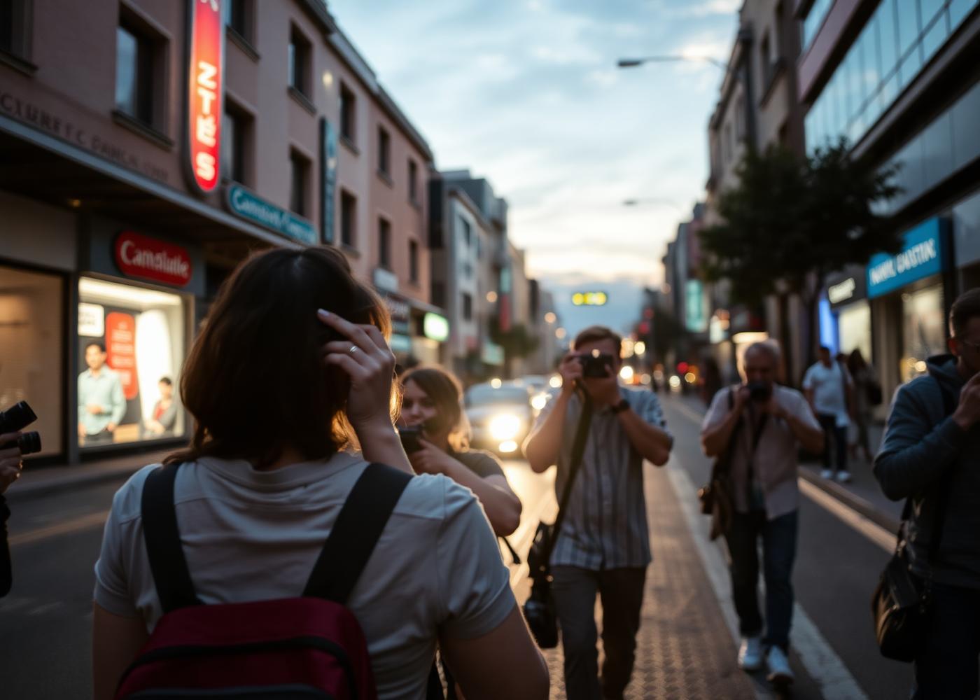 Fotógrafos caminhando e fotografando pela cidade no fim de tarde