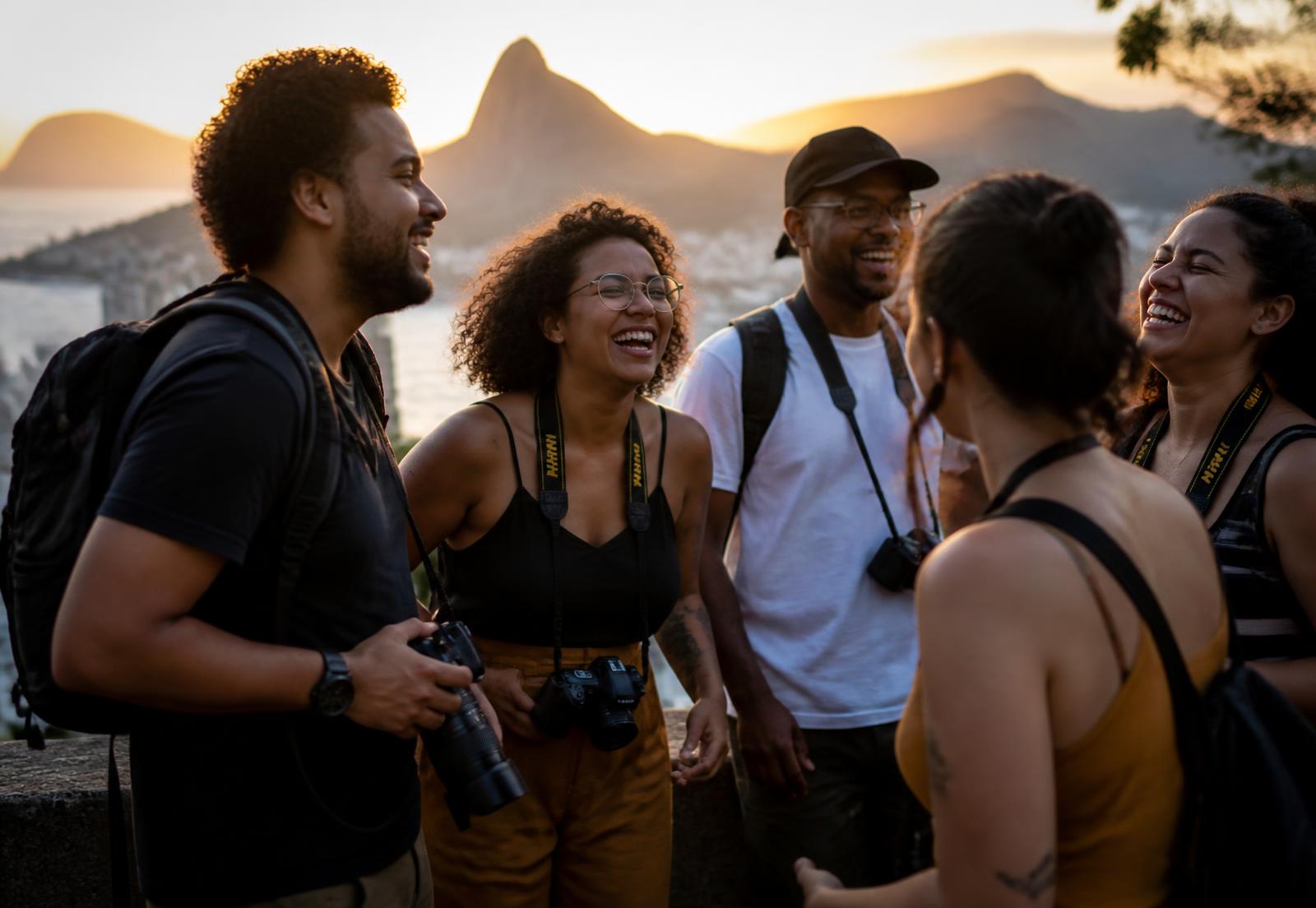 Fotógrafos reunidos ao entardecer, com câmeras nas mãos, conversando e sorrindo juntos